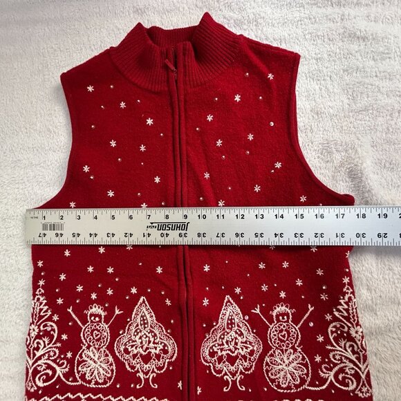 Talbots Women Red Holiday Sweater Vest Snowman Christmas Zip Front Medium Petite - Picture 6 of 7